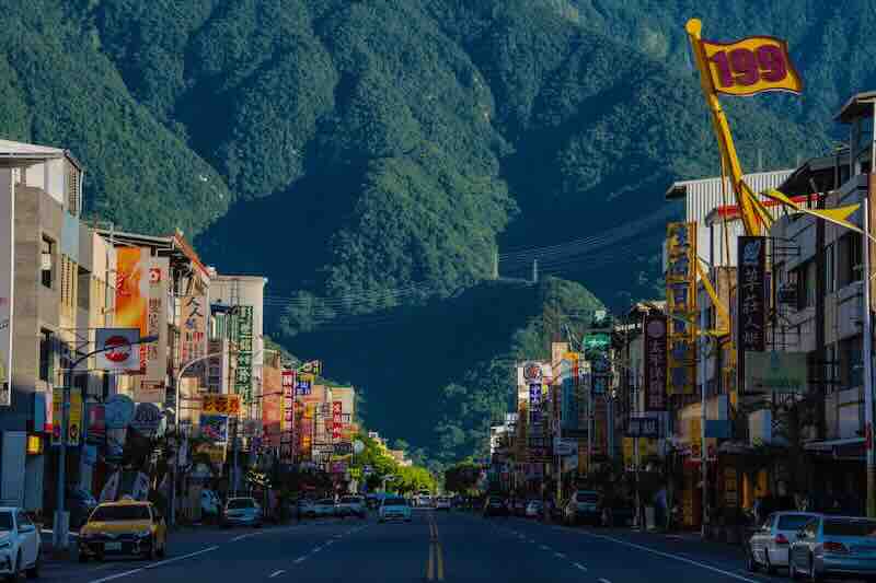 Mountainous street view with shops