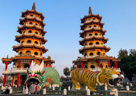 Colorful twin pagodas with sculptures