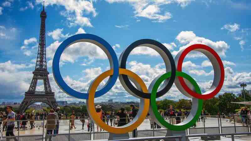 Olympic rings with Eiffel Tower backdrop