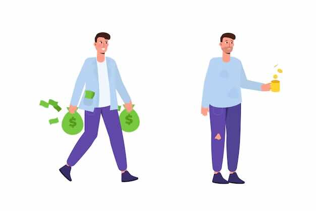 illustration of a person wuth bags of money next to a person with torn, dirty clothes and no money.