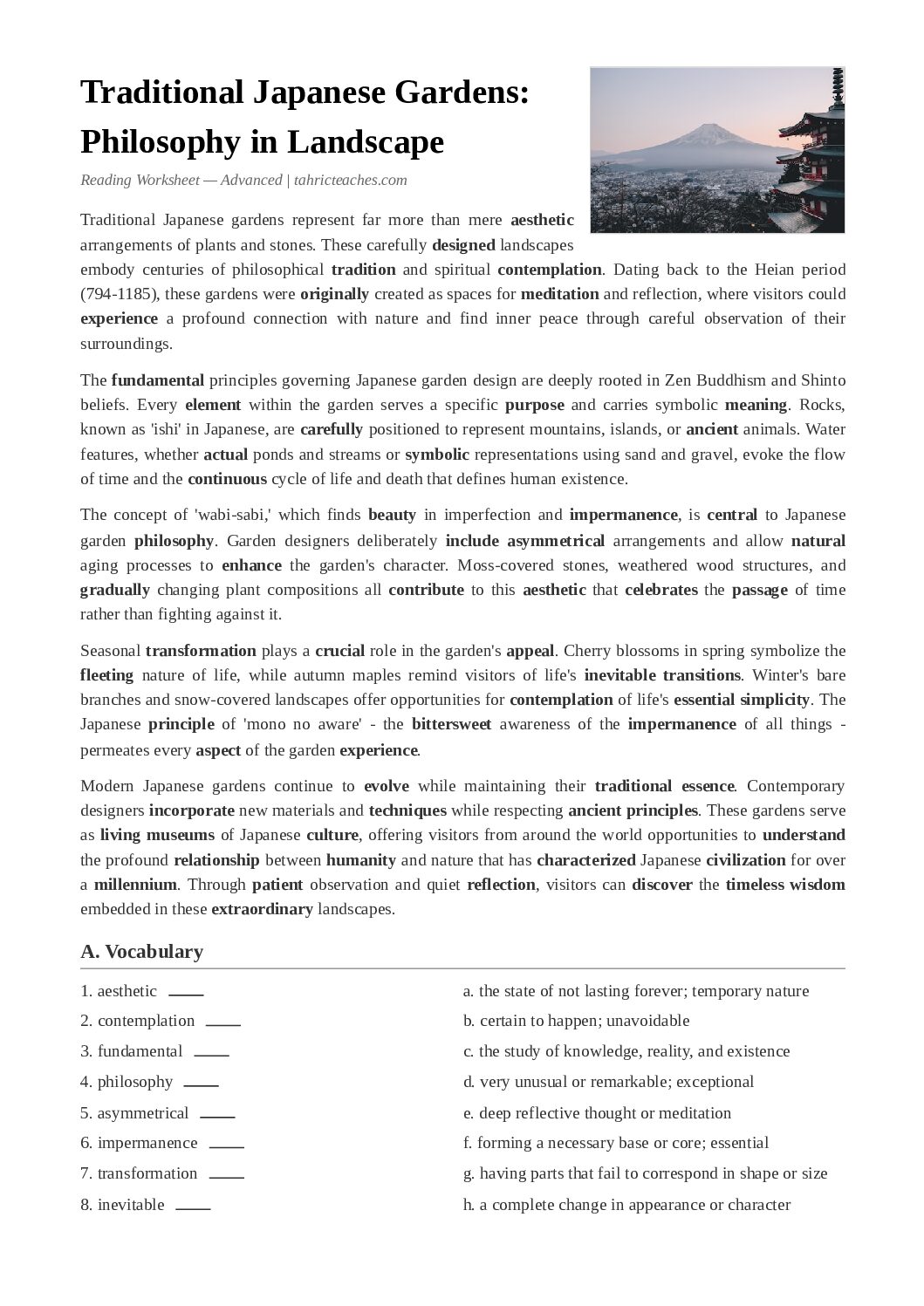 Traditional Japanese Gardens Philosophy – Advanced ESL Reading Worksheet