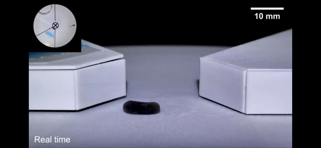 Liquid robot research tiny Teflon water droplet robot squeezing through gap science experiment