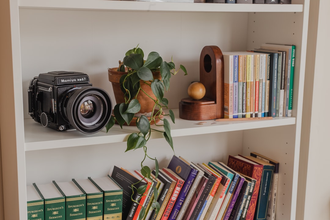 A library bookshelf fit with a film camera, a plant, and many good quality books.