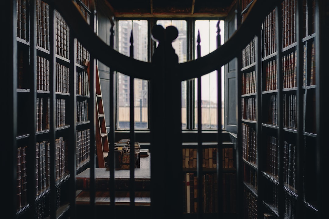 a person standing in front of a library filled with books