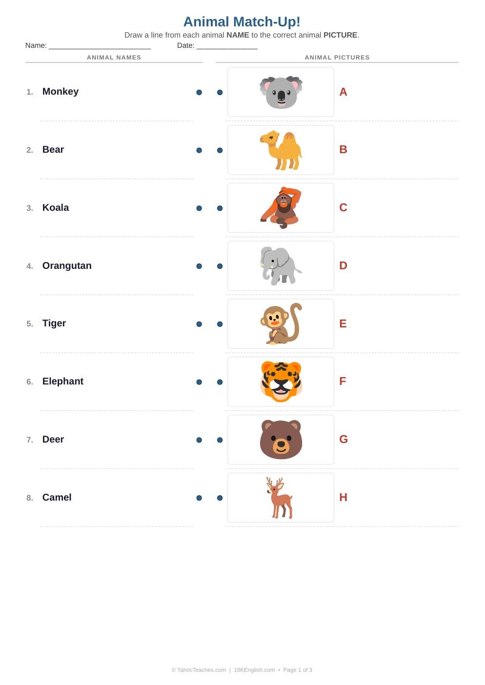 Animal Match-Up Worksheet (Elementary)