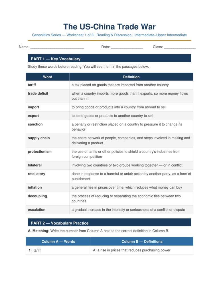 The US-China Trade War | Advanced ESL Reading Worksheet PDF