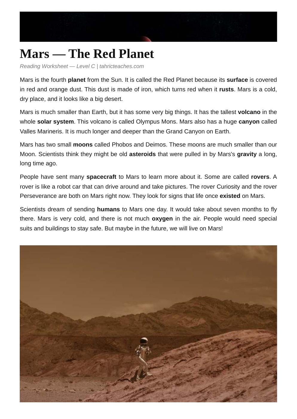 Mars Worksheet (Elementary)
