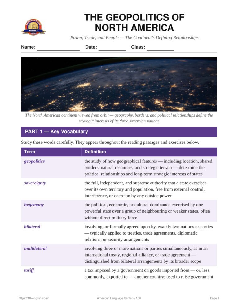 Geopolitics of North America | Advanced ESL Reading Worksheet PDF
