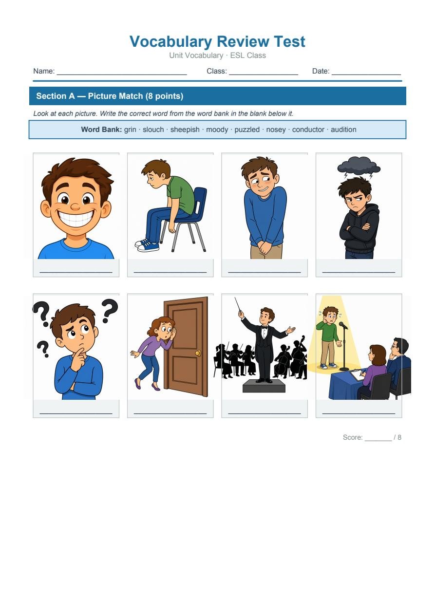 Vocabulary Review Worksheet — Yintao's New Friend