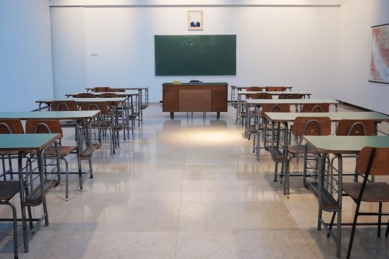 Empty classroom ready for English grammar lesson on adjective order in English