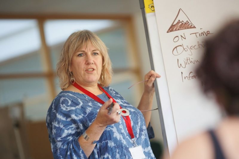 Teacher explaining English adjective order rules on a whiteboard