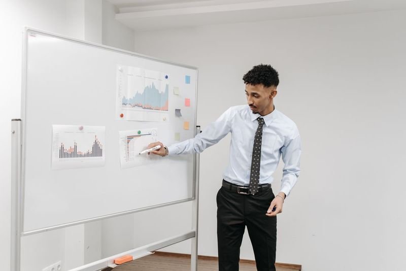 Presenter opening a meeting at a whiteboard in English
