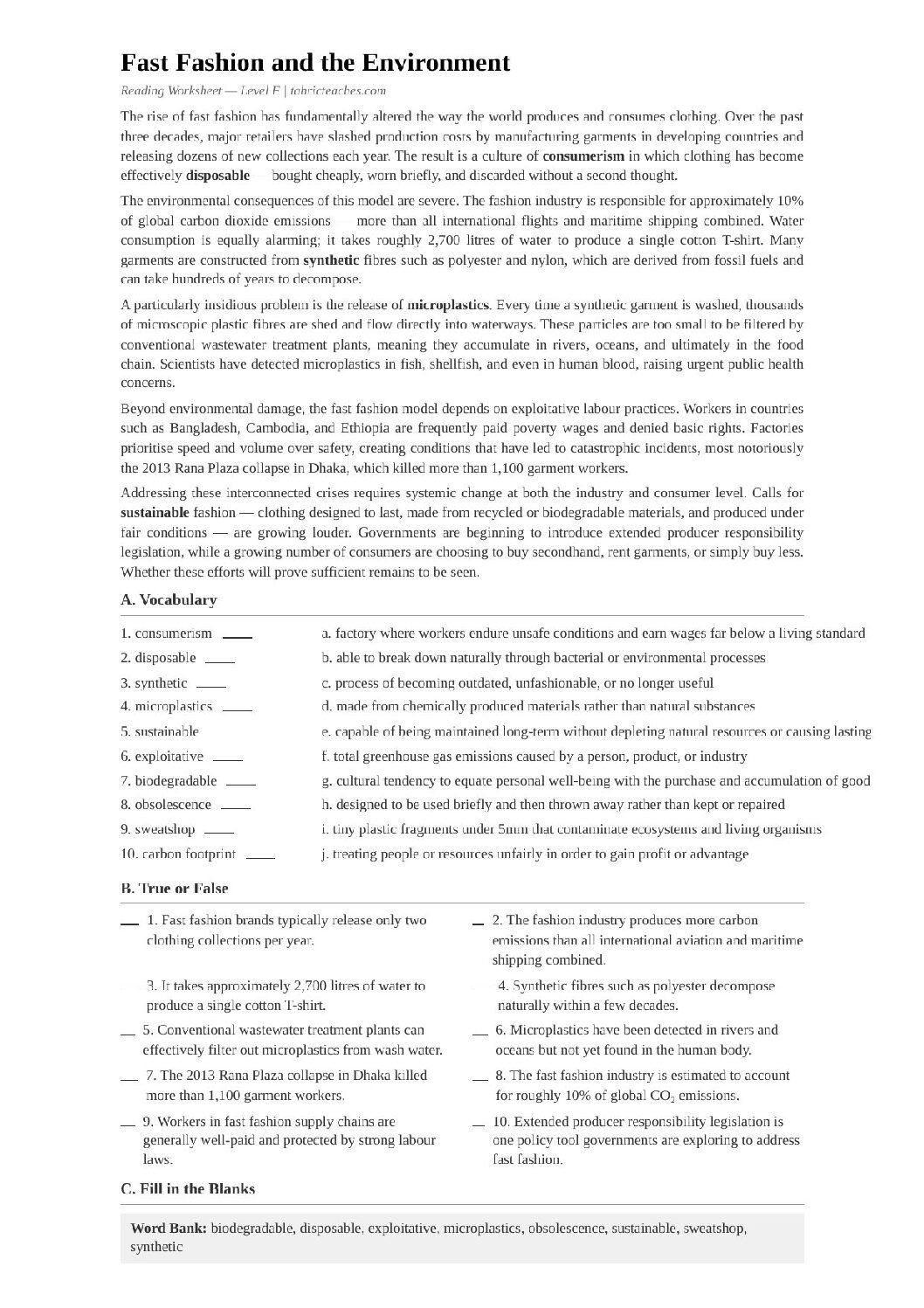 Fast Fashion and the Environment | Advanced ESL Reading Worksheet PDF