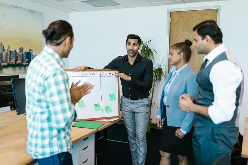 Team discussing project stages in a meeting using English