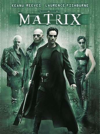 1999년 영화 매트릭스의 포스터로, 네오, 사이퍼, 모피어스, 트리니티가 등장합니다.