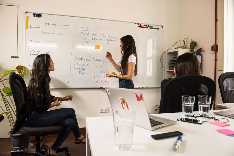Office team brainstorming ideas together, using English suggestion phrases