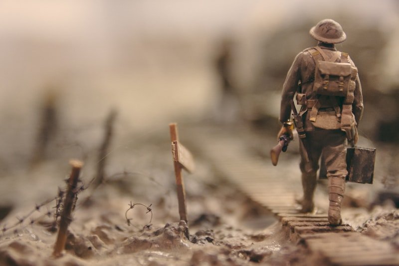 In the trenches English idiom — soldier walking through a WWI battlefield scene