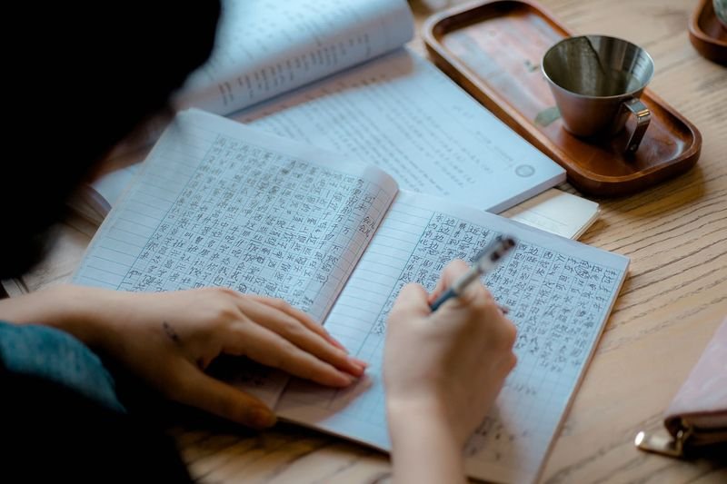 Language learner writing notes about English phrasal verbs