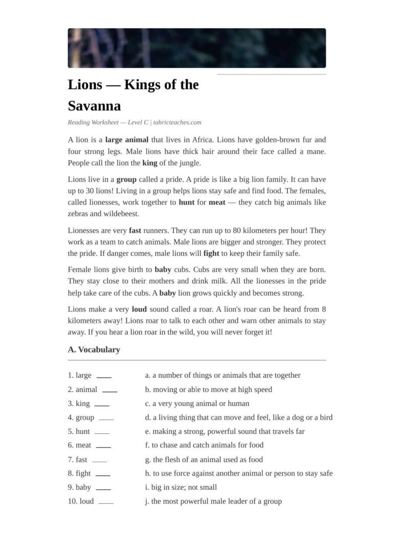 Lions ESL Worksheet — Elementary Level C Reading PDF